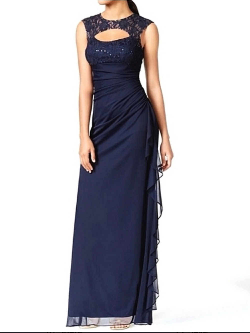 BETSY & ADAM Ruched Cutout Navy Blue Long Dress Formal